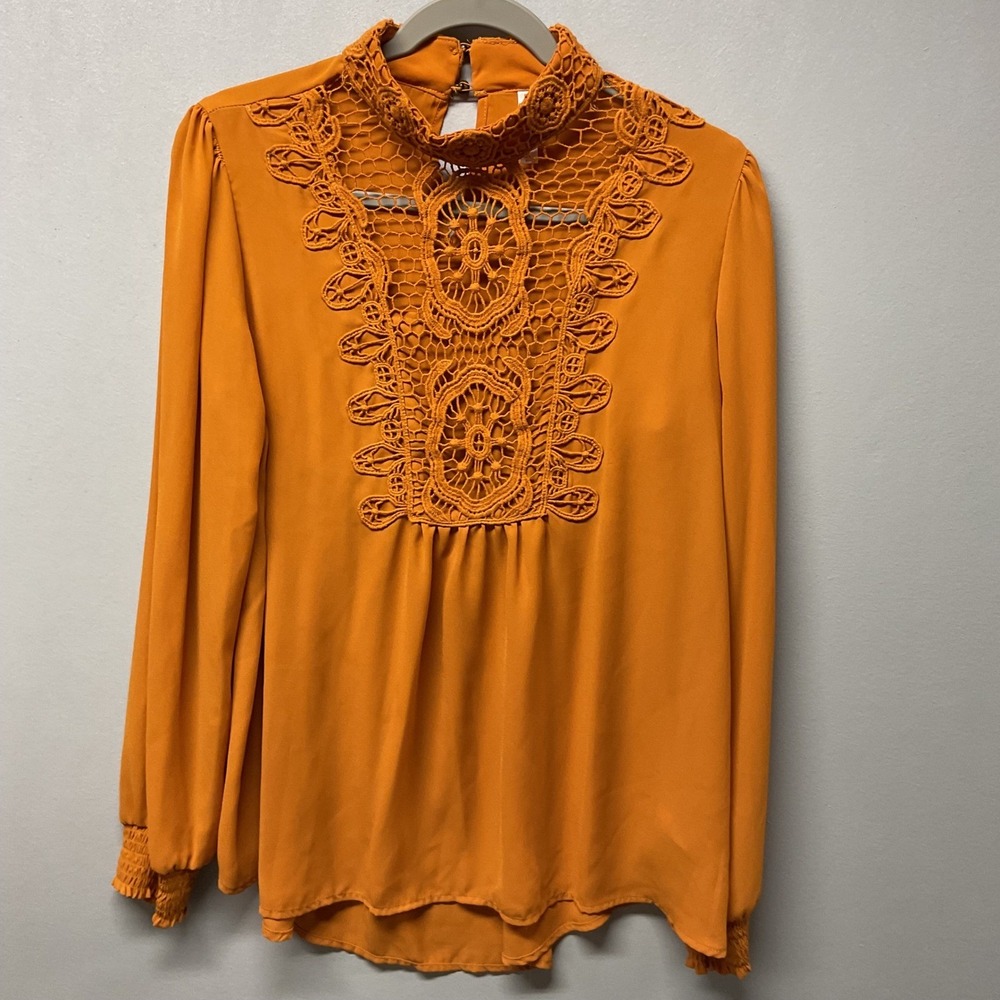 Xhilaration Womens Blouse Mustard Yellow Crochet Lace Bib Boho High Neck Large - Picture 2 of 6